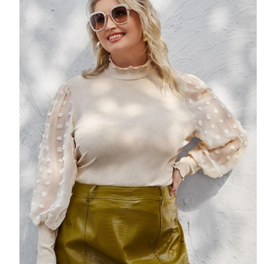 Swiss Dot Lantern Sleeve Rib-knit Top